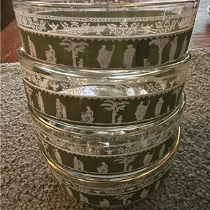 Vintage Greacian Jeannette Glass Set Lot 4 Green and White Bowls EUC